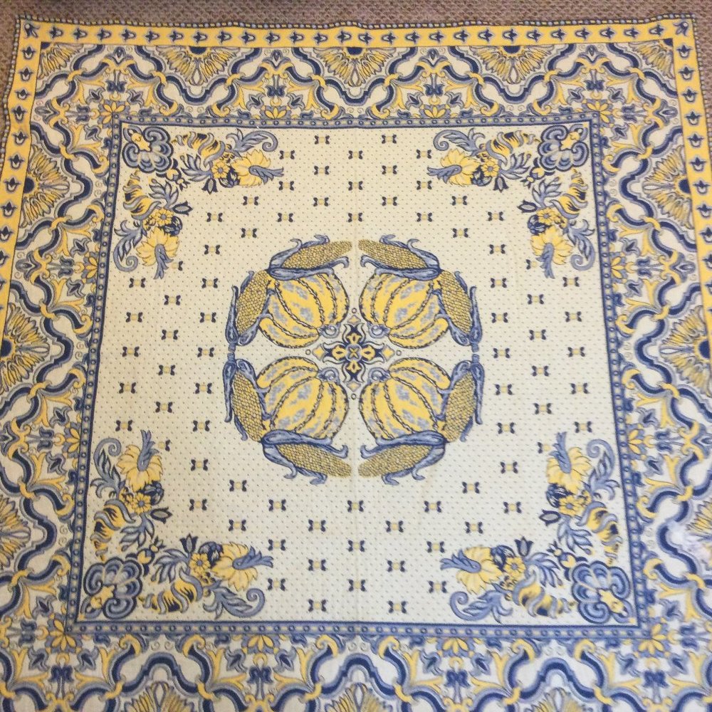 Tapestry Wall Hanging or Tablecloth Blue Yellow Floral Cotton 56x56 France